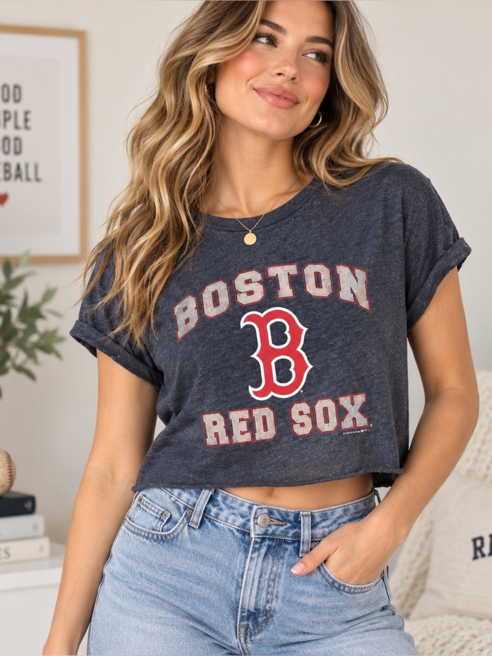 Boston Red Sox Cropped Graphic Tee – Distressed Charcoal Blue, Size XS/S